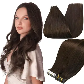Темно-коричневый # 2 Прямая лента для наращивания волос 100% Remy Человеческие волосы Клей Кожа Уток Волосы Шелковистые Для Женщин 16-26 дюймов 20 шт./лот