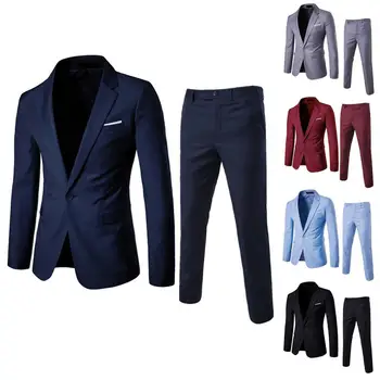 Комплект делового костюма Стильный мужской деловой костюм Комплект Лацкан Приталенный Пальто Длинные брюки с одинарными карманами на пуговицах для рабочей одежды