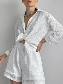 Marthaqiqi Повседневные женские пижамы Пижама с отложным воротником Пижама с длинным рукавом Шорты Свободные женские ночные рубашки из 2 предметов