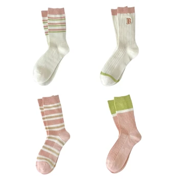 Женщины Девочки-подростки Спортивные хлопковые носки Розовые полосатые трикотажные носки в рубчик