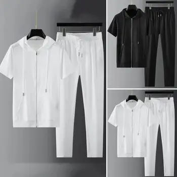 2022 Летние мужские корейские повседневные комплекты с капюшоном Модные мужские уличные джоггеры Спортивный костюм + эластичная талия Брюки Мужская одежда 2 шт. Комплекты