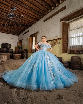 Принцесса Небесно-голубое бальное платье с открытыми плечами Quinceanera Платье для девочек Бисер Платья на день рождения Аппликации Выпускные платья