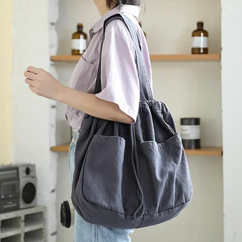 2023 Новая холщовая сумка Женская женская кулиска на одно плечо с несколькими карманами Японская повседневная универсальная сумка-тоут большой емкости