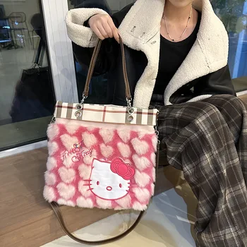 Hello Kitty Плюшевая клетчатая сумка-тоут для женщин 2023 зима Новая горячая девушка Винтаж Сумка All-Match Сумка через плечо
