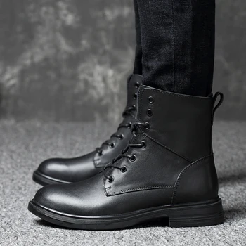 Британский стиль Мужские сапоги Натуральная кожа Водонепроницаемая шнуровка с молнией Теплые плюшевые зимние рабочие ботинки для мужчин Нескользящая новая обувь