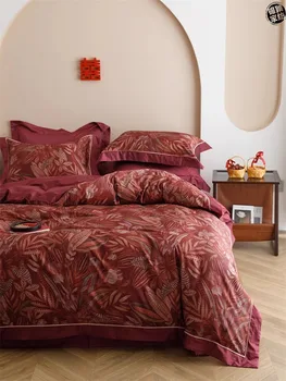 Комплект постельного белья из четырех частей, чистый хлопок, длинноволокнистый хлопок, праздничное двустороннее постельное белье в винно-красном цвете