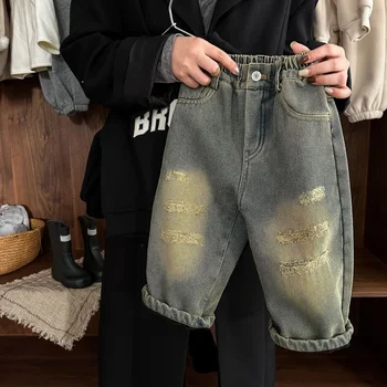 Детские брюки 2023 зима Новые мальчики и девочки делают старые рваные джинсы детские утолщенные повседневные брюки