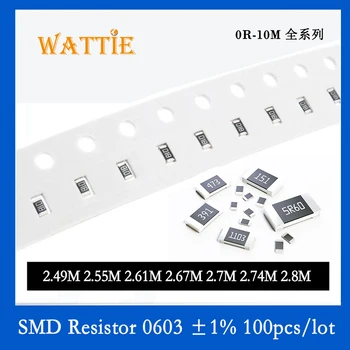 Резистор SMD 0603 1% 2,49 м 2,55 м 2,61 м 2,67 м 2,7 м 2,74 м 2,8 м 100 шт./лот чип-резисторы 1/10 Вт 1,6 мм * 0,8 мм
