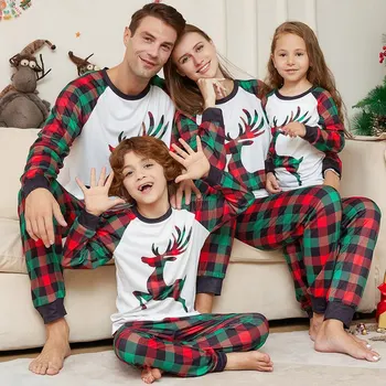 Семейный пижамный комплект дышащий модный классический рождественский стрейч-топы с длинным рукавом и клетчатые брюки наряды