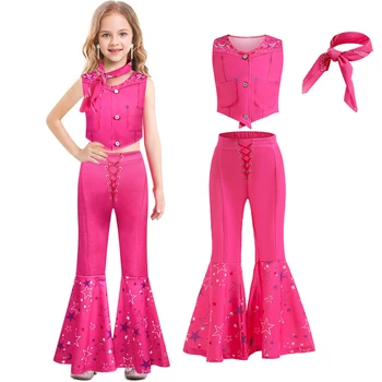 Розовый набор для девочек 2024 Детский набор цветовых блоков с пайетками Модная футболка Брюки-клеш Две части Повседневная корейская летняя детская одежда
