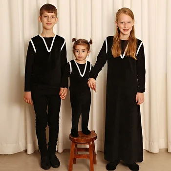 Детский велюровый комбинезон с длинным рукавом, одежда для девочек и мальчиков, ткань для ребристых и велюровых комплектов, черный комбинезон, контрастный белый v-образный вырез в рубчик