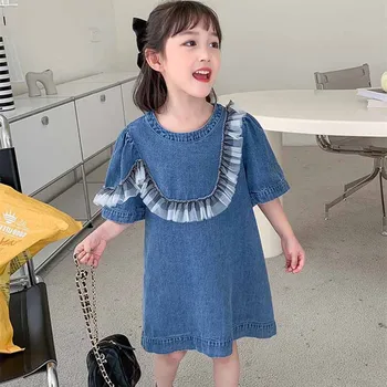 Джинсовое платье из сетки в стиле пэчворк для девочек Летнее детское свободное платье с коротким рукавом