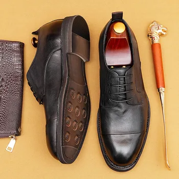 Классическая повседневная деловая мужская классическая обувь натуральная кожа оксфорды на шнуровке черный коричневый деловой офис свадебная вечерняя обувь для мужчин