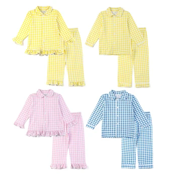 оптовая торговля детская одежда 100% хлопок пижама весна с оборками детская домашняя одежда с длинным рукавом для мальчиков и девочек пижама