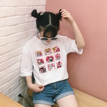 2020 Женская корейская шик Девушки Harajuku Ulzzang Мультфильм Печать Свободная мягкая футболка Женщины Kawaii Punk Ретро Одежда Для Женщин