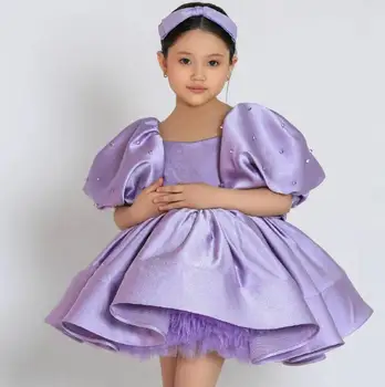Прекрасные индивидуальные платья для девочек с пышными рукавами жемчуг атласная пачка до колен принцесса день рождения платье конкурсное платье