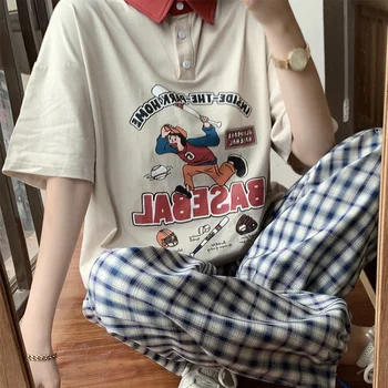 Стильный бейсбол Винтажные рубашки POLO Комиксы Печать писем Графические футболки Harajuku Large 2XL Подростки Летние топы Корейская мода