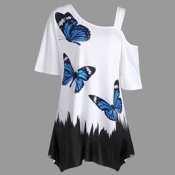 Летние футболки Женская футболка с принтом бабочки Одно плечо Нерегулярный топ Женская свободная футболка Уличная одежда