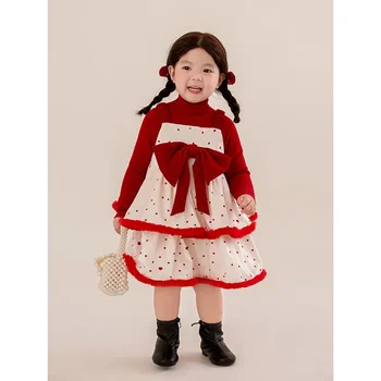 Детский модный набор для девочки Детский сарафан платье на бретелях + красный вязаный свитер 2 шт. Детские трикотажные пуловеры с корейским принтом