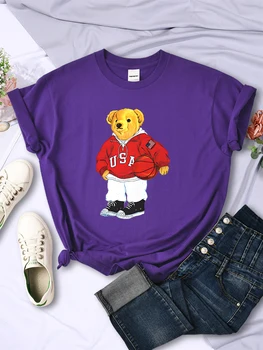 Спортивный медведь любит играть в баскетбол Женские футболки Корейская мода Крутые футболки Уличные удобные топы Дышащая мягкая футболка