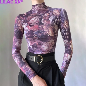 Y2K Сексуальные графические печатные корсетные топы с длинным рукавом Винтажная фиолетовая футболка с высоким воротником для женщин Мода Осенние футболки Уличная одежда