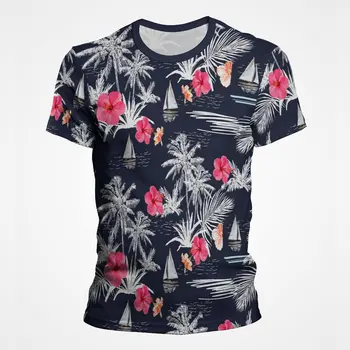 Лето Гавайская мужская футболка Отдых на берегу моря Тропический лес Кокосовая пальма Графические футболки Мужчины 3d принт Уличная футболка Топы
