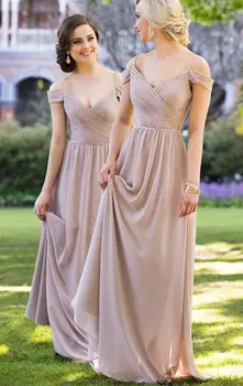 ANGELSBRIDEP Шифон Платье подружки невесты с открытыми плечами A Line V-образный вырез Шампанское Плиссированные женщины Вечернее платье Фрейлина Платья