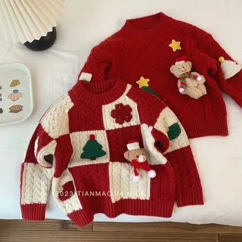 Свитер для девочки 18M-8Y Девочка Рождественский вязаный базовый свитер Детская утолщенная верхняя одежда Новогодний топ