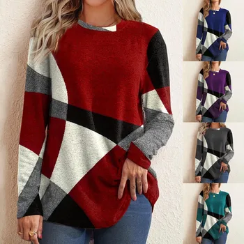 осень Женская футболка Пуловер Толстовка Длинный рукав Геометрическая рубашка в стиле пэчворк Мягкий легкий свободный топ
