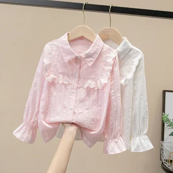 2023 Одежда для девочек Рубашка для малышей Сладкий лацкан Рубашка с длинным рукавом Весна Блузки для девочек Однотонные хлопковые топы 2-12 лет