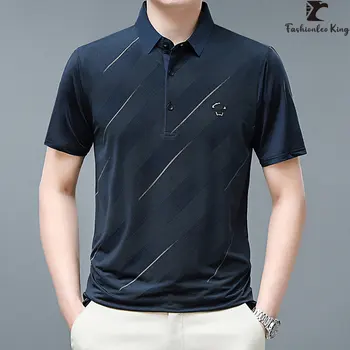 Летняя мужская эластичная рубашка-поло с коротким рукавом Мужская футболка с удобным воротником Полосатый пуловер Топ-поло