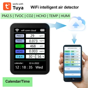 Tuya WiFi Портативный детектор качества воздуха 6 в 1 Многофункциональный датчик TVOC CO2 Газы CH2O Температура Влажность Датчик качества воздуха