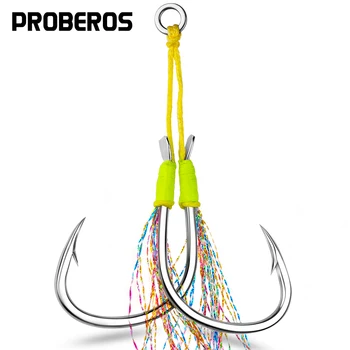 PROBEROS 2 пары/лот Assist Twin Hooks 1/0-1/0-3/0-4/0-5/0# Двойные рыболовные крючки из высокоуглеродистой стали Крючки с зазубринами и юбкой