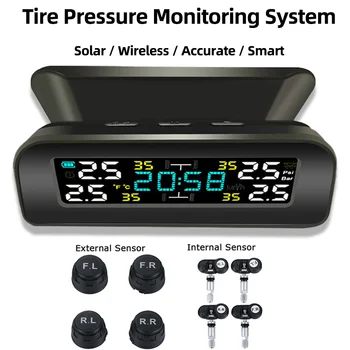 Smart TPMS Автомобильная система мониторинга давления в шинах с часами Беспроводной солнечный интеллектуальный датчик предупреждения о температуре давления в шинах