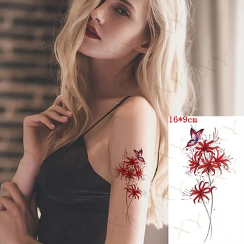 Водонепроницаемая временная татуировка наклейка Higan Flower Butterfly Flash Wing Gun Роза Боди-арт рука Поддельный рукав Татуировки для женщин и мужчин