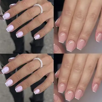 Простые накладные ногти Мода Французская длинная балерина Кончики ногтей Съемные накладные ногти с белым краем DIY