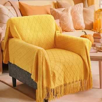 Вязаное горчично-желтое одеяло для дивана Дом Осень Зима Декоративное одеяло с кисточками Уютный чехол для дивана в стиле бохо