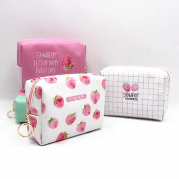 Creative Pink Strawberry Series PU Водонепроницаемая косметичка Портативная сумка для туалетных принадлежностей большой емкости Дорожная сумка для хранения Косметичка