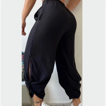Wepbel Повседневные брюки Женские летние свободные однотонные брюки с высокой талией и длиной до щиколотки с ремнями Split Black Streetwear Брюки