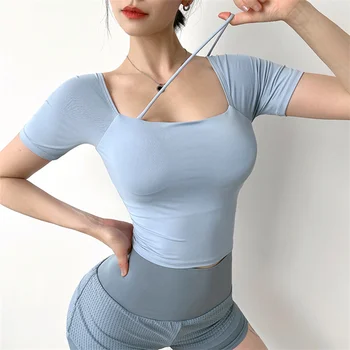 Внутренние мягкие женские летние топы Укороченный топ с коротким рукавом Рубашки для йоги Fit Workout Спортивные футболки