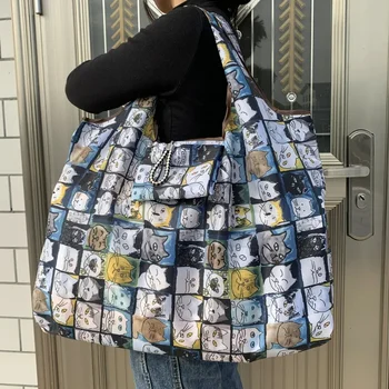  Большой размер Толстый нейлон Большая сумка ECO Многоразовый полиэстер Портативные женские сумки на плечо Складной чехол Сумка для покупок Складной