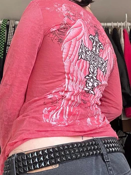Женщины Y2K Fairy Grunge Футболка С длинным рукавом Готические футболки Harajuku Tee Tops E Girl 90-х годов Винтажная уличная одежда с графическим принтом