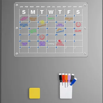 Акриловый магнитный календарь для холодильника, 16x12 дюймов прозрачная магнитная доска календаря холодильника с сухим стиранием, (календарь)