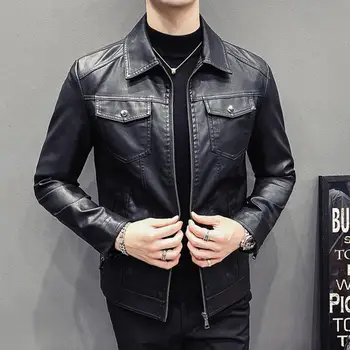Мужская куртка Модная прочная мужская черная мотоциклетная куртка с лацканом на молнии Стильное осеннее пальто для дома Уличные куртки для мужчин