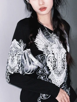 Женские винтажные топы с длинным рукавом V-образный вырез Меч Крылья Принт Облегающие футболки Гранж-топы