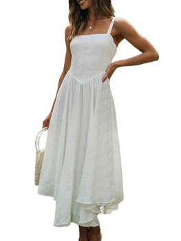 Женское летнее платье-комбинация Однотонное платье без рукавов с открытой спиной и нерегулярным подолом Платье миди А-силуэта