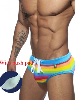 Новые мужские радужные полосатые шорты для плавания Сексуальные шорты для серфинга на подиуме для пляжного плавания Летние шорты для плавания с нажимными подушечками и веревкой