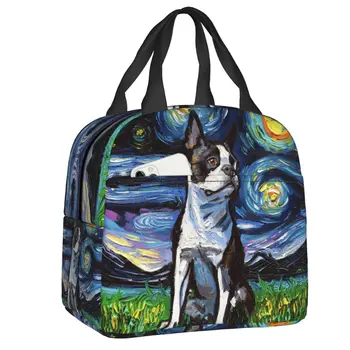  Звездная ночь Бостон Терьер Собака Изолированная сумка для обеда Водонепроницаемый термокулер Ланч-бокс для женщин Дети Школа Пикник Еда Тоут