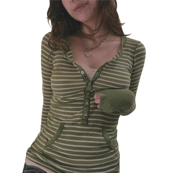 Полосатые футболки для женщин Топы с длинным рукавом на пуговицах и V-образным вырезом с карманом y2k 2000-х годов Fairy Grunge Одежда Винтажная уличная одежда