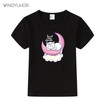 Sweet Little Dream Печатные детские забавные футболки Детский кот Спящий на Луне Летние футболки Мальчики Девочки Топы Детская одежда